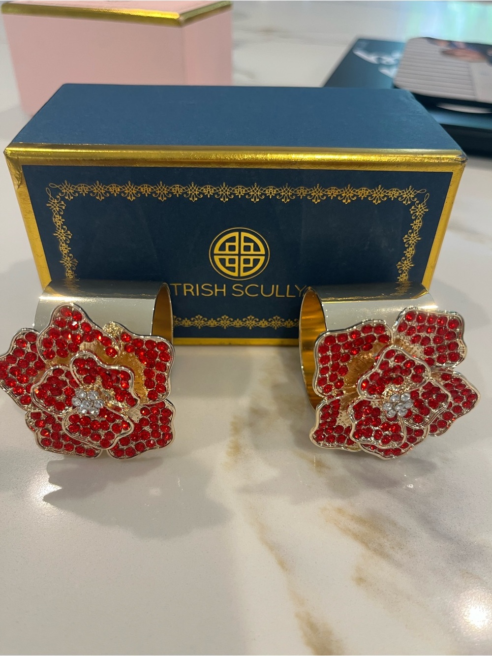 Trish Scully Rose Rouge Pave Crystal Flower Napkin Rings
